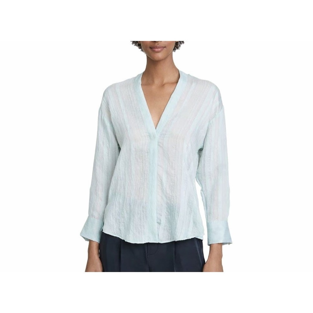 VINCE. Top Blouse Semi-Sheer V-Neck L/S Solid Stripe Airy Mint W's Large $275